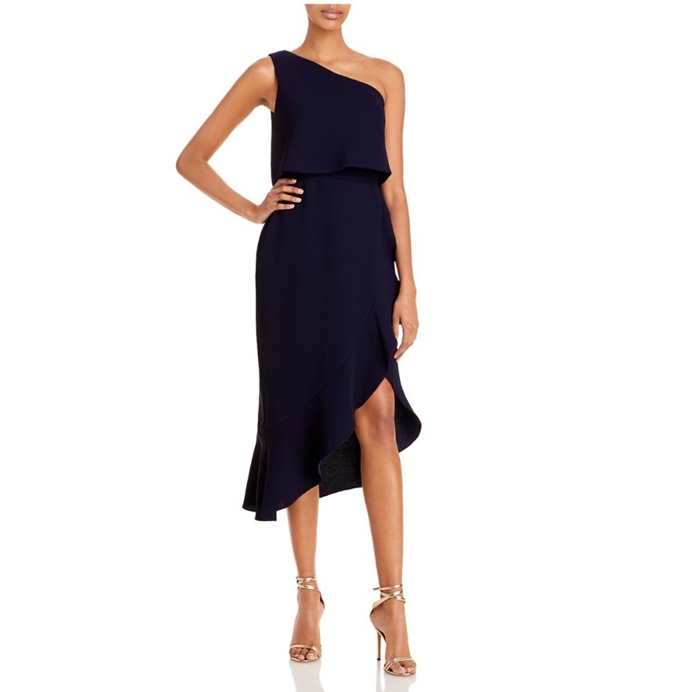AQUA Navy Blue Crepe Flounce One Shoulder Cocktail Dress‎ 10 4554A NEW